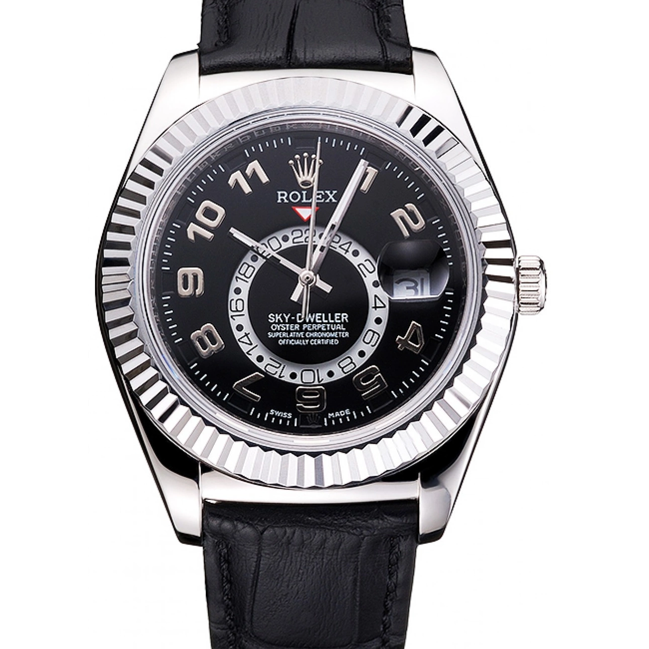 Black Leather Rolex Dweller Case Stainless Sky Black Strap Steel Dial 0531